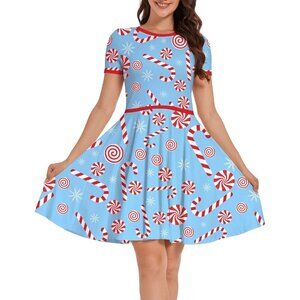 Women Ugly Christmas Santa Dress Blue Candy Cane Holiday Print Dress for Xmas